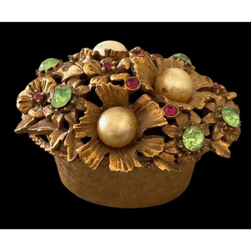 Vintage FLORENZA Trinket Jewelry Box Pink Green Rhinestone Gold Tone